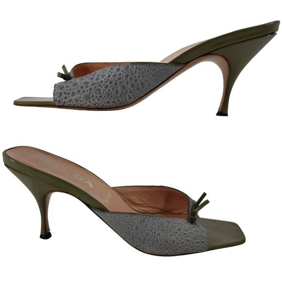 Vintage Prada Italy Designer Heels Grey Green Leather Womens 9 Mules Dress Shoes - Picture 4 of 14